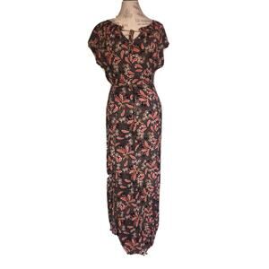 H&M black red floral Maxi Sun Dress Double Front Slit sz 4 romantic summer